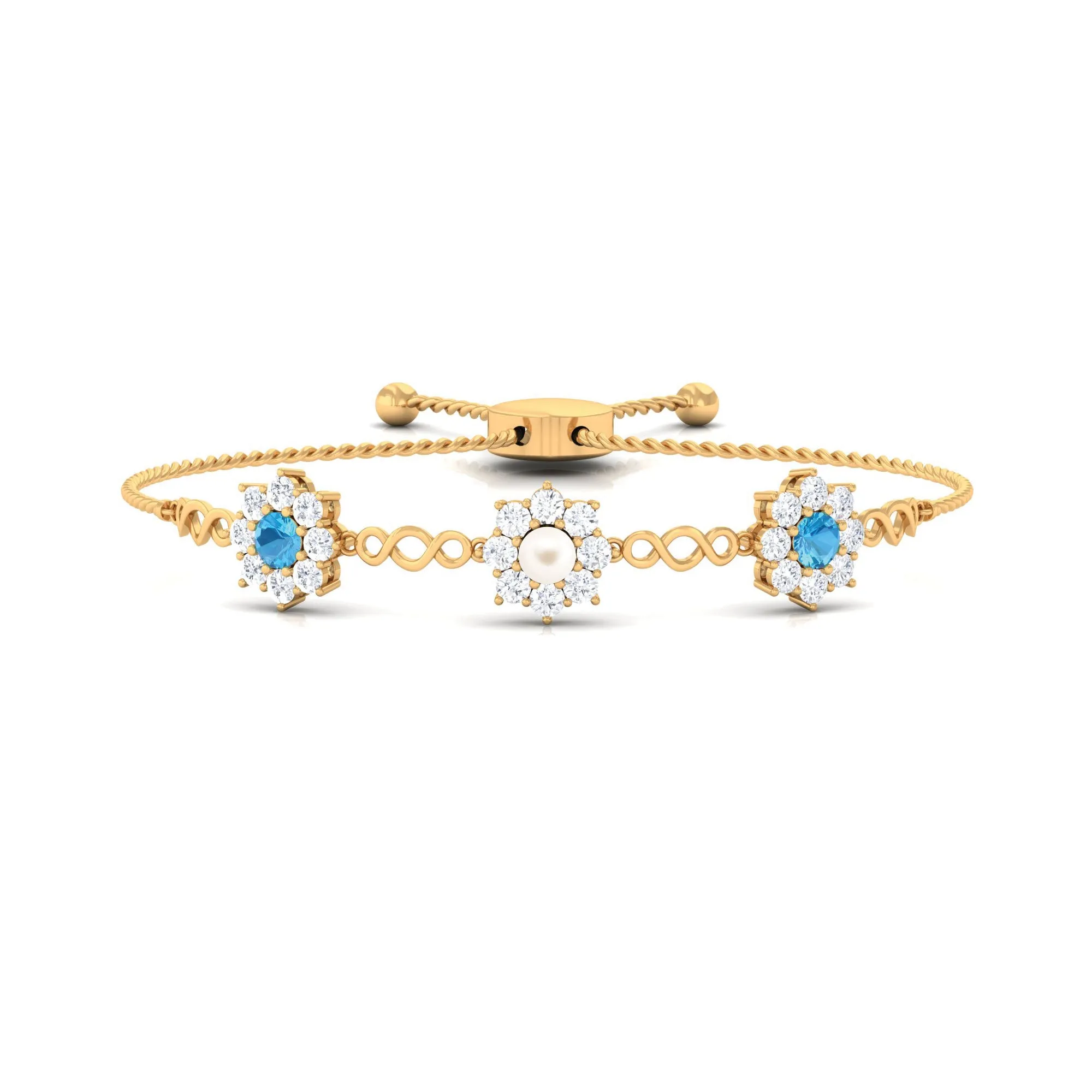 Nature Inspired Freshwater Pearl Bolo Bracelet with Blue Topaz and Diamond