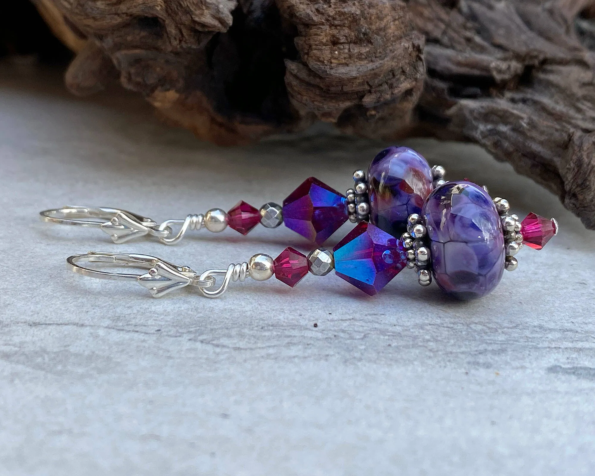 Purple Fuchsia Crystal Lampwork Earrings