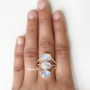 Rainbow Moonstone Boho Silver Ring