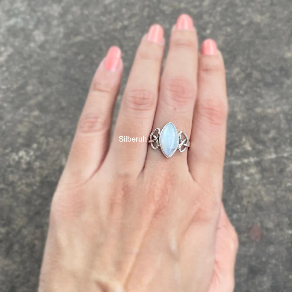 Rainbow Moonstone Celtic Knot Silver Ring