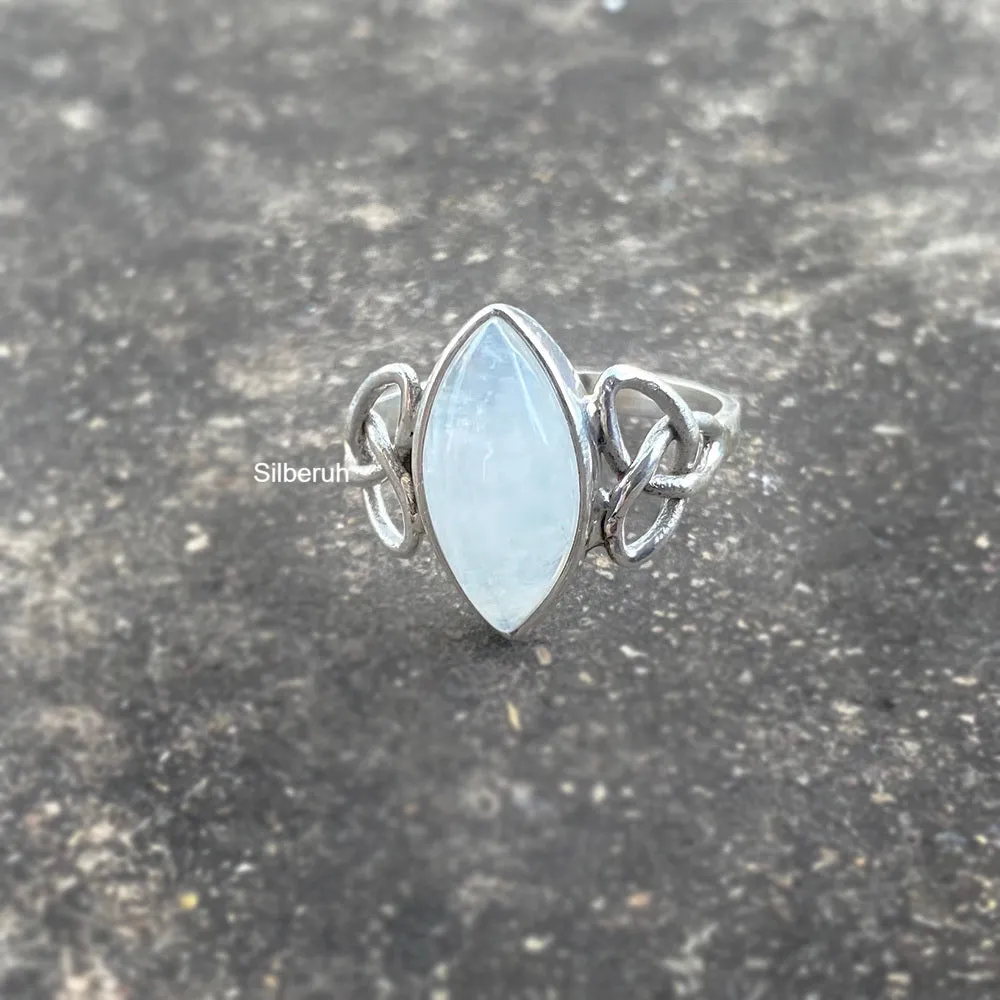 Rainbow Moonstone Celtic Knot Silver Ring