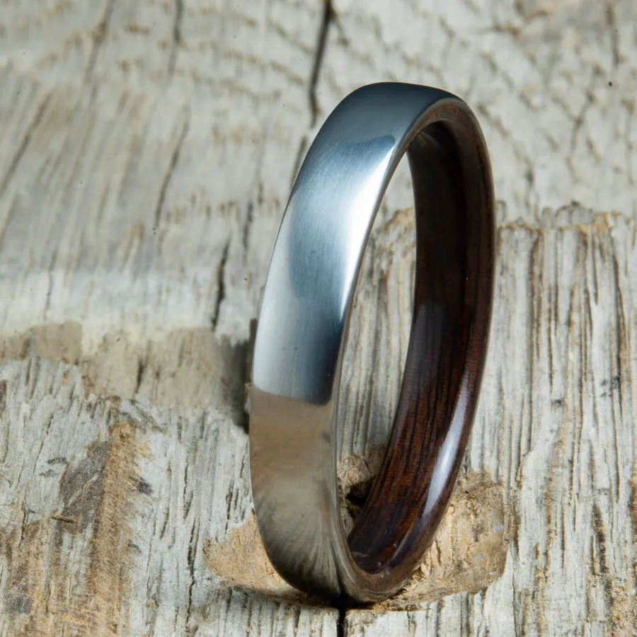 Rosewood lined womens wood ring with satin titanium