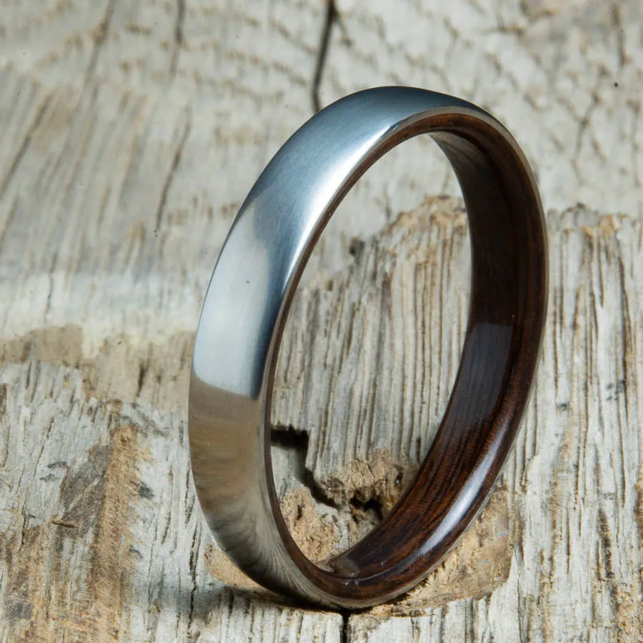 Rosewood lined womens wood ring with satin titanium