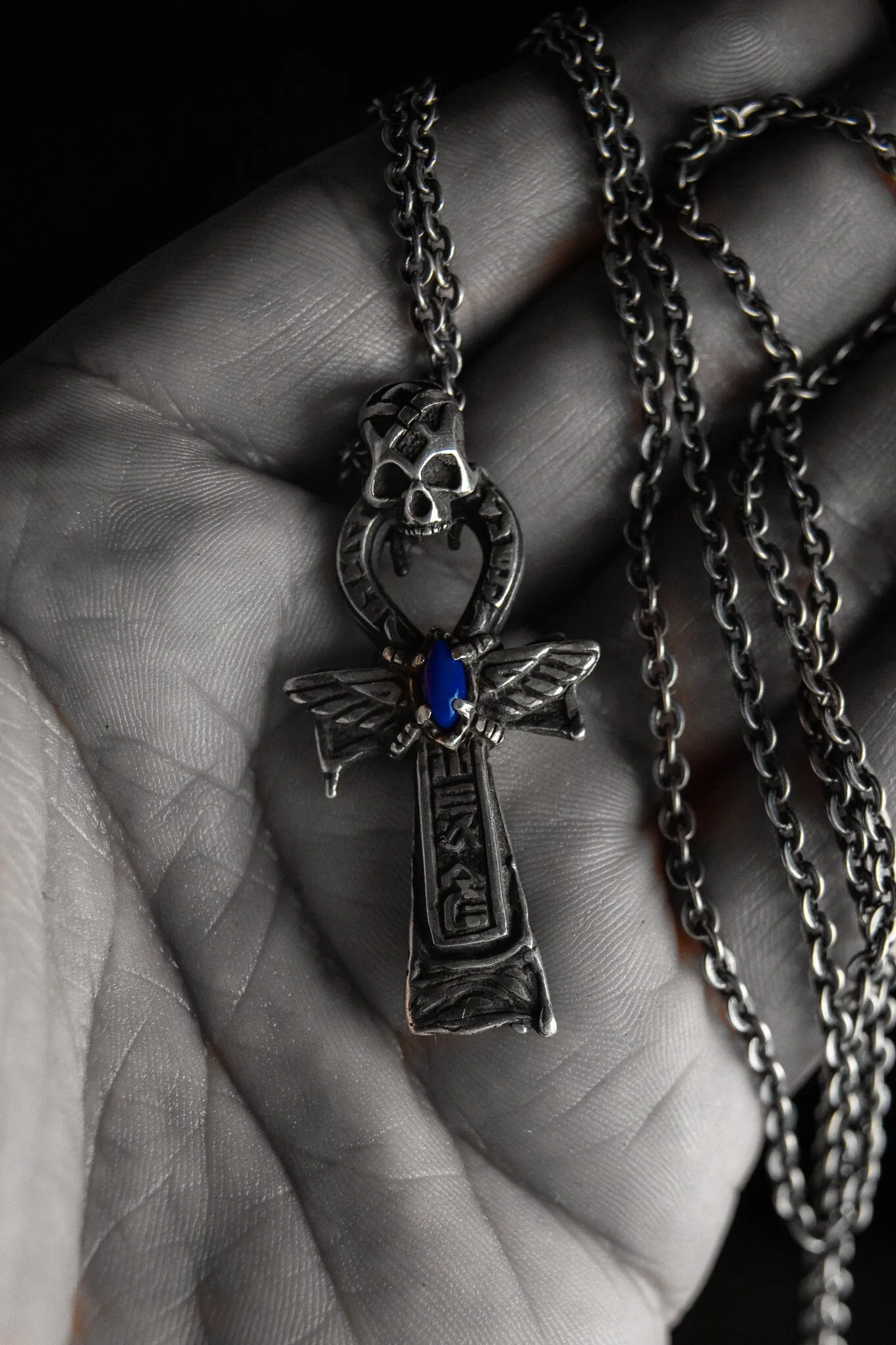 Skull Pendant "Ankhon" with Lapis Lazuli and Ankh Symbol