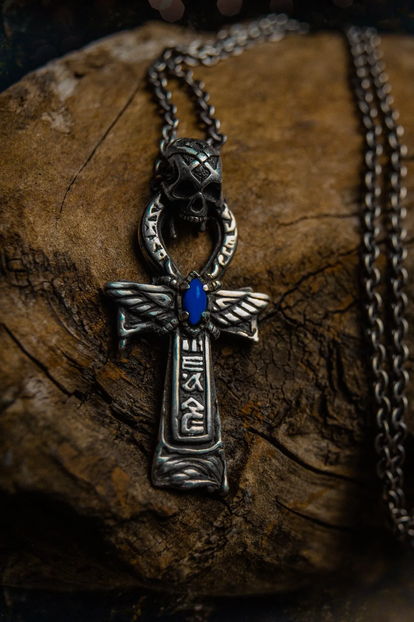 Skull Pendant "Ankhon" with Lapis Lazuli and Ankh Symbol