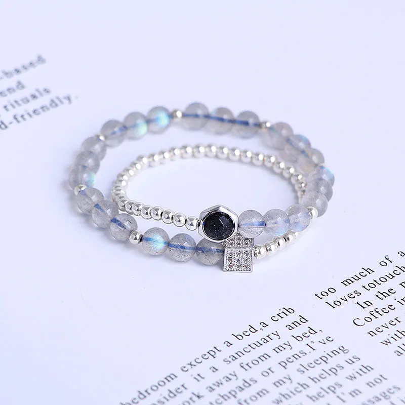 Sterling Silver Grey Moonstone and Blue sandstone Bead Bracelet Handmade Jewelry Accessories Gift Women