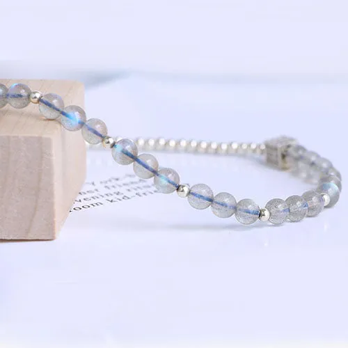Sterling Silver Grey Moonstone and Blue sandstone Bead Bracelet Handmade Jewelry Accessories Gift Women
