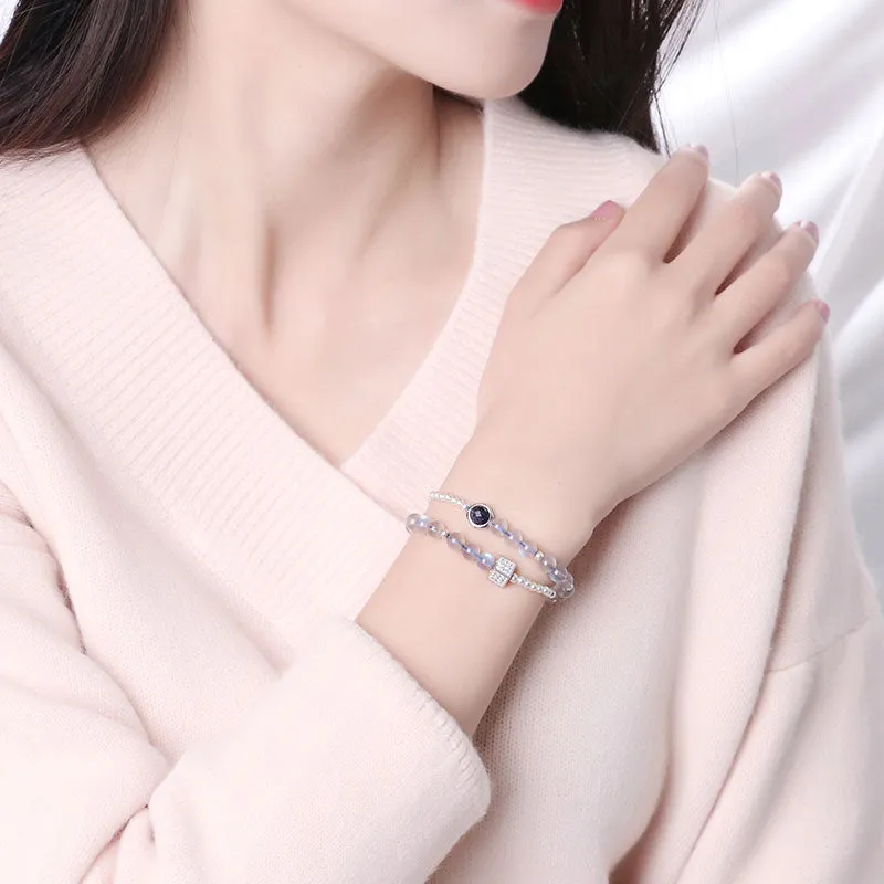 Sterling Silver Grey Moonstone and Blue sandstone Bead Bracelet Handmade Jewelry Accessories Gift Women