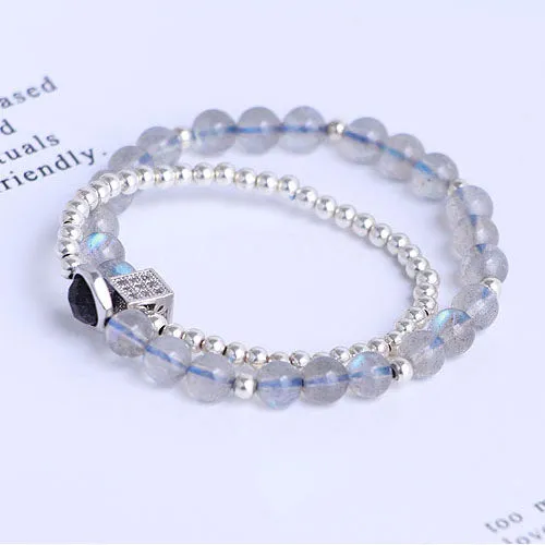 Sterling Silver Grey Moonstone and Blue sandstone Bead Bracelet Handmade Jewelry Accessories Gift Women