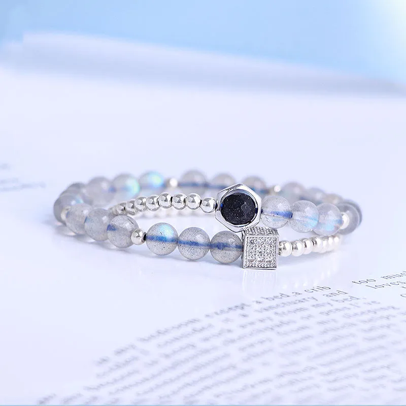 Sterling Silver Grey Moonstone and Blue sandstone Bead Bracelet Handmade Jewelry Accessories Gift Women