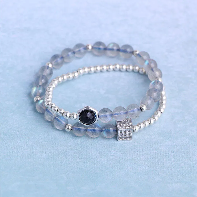 Sterling Silver Grey Moonstone and Blue sandstone Bead Bracelet Handmade Jewelry Accessories Gift Women