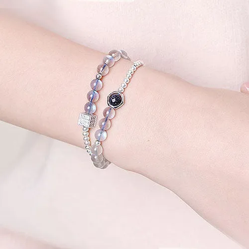 Sterling Silver Grey Moonstone and Blue sandstone Bead Bracelet Handmade Jewelry Accessories Gift Women
