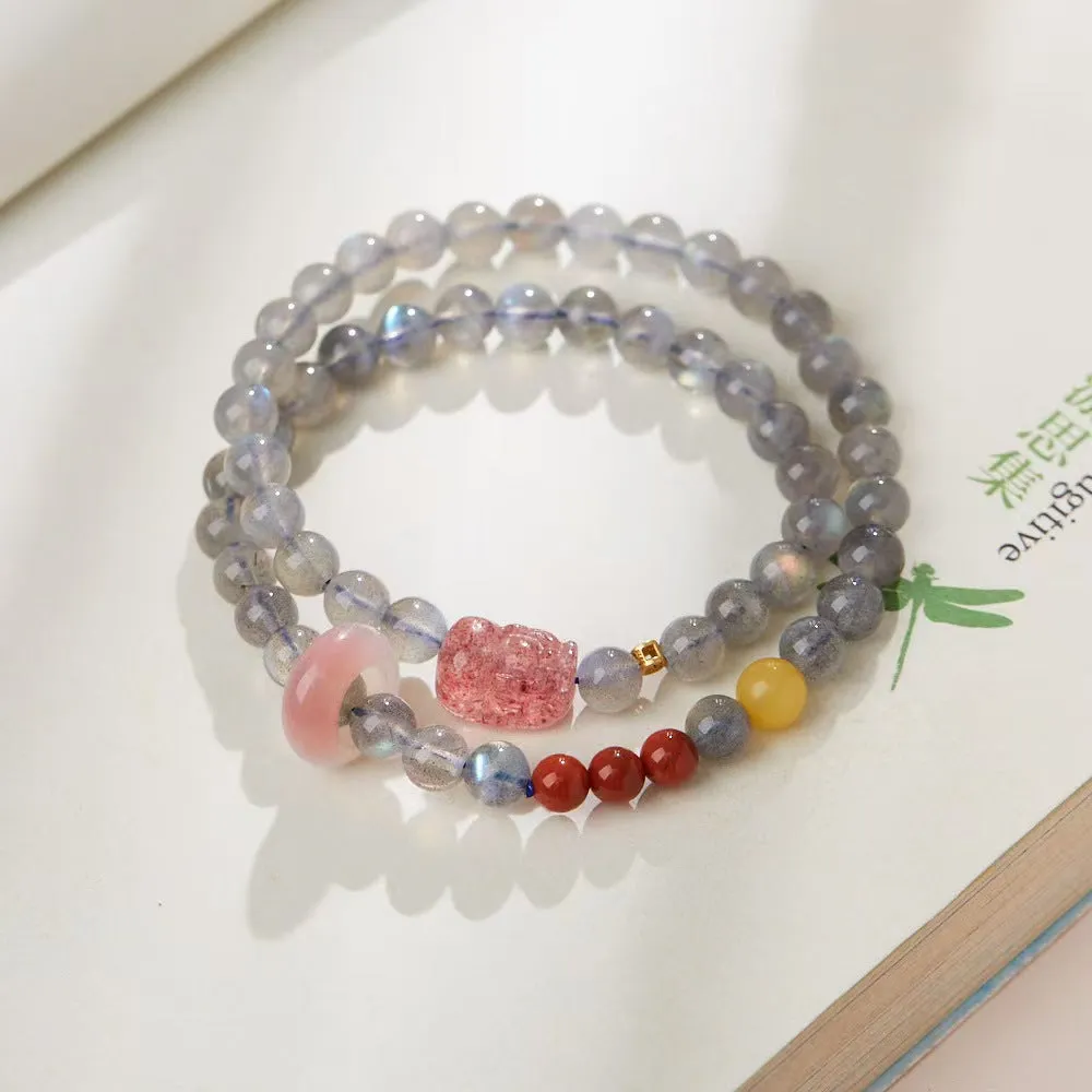 Strawberry Quartz Pixiu Moonstone Bracelet-Attract Luck