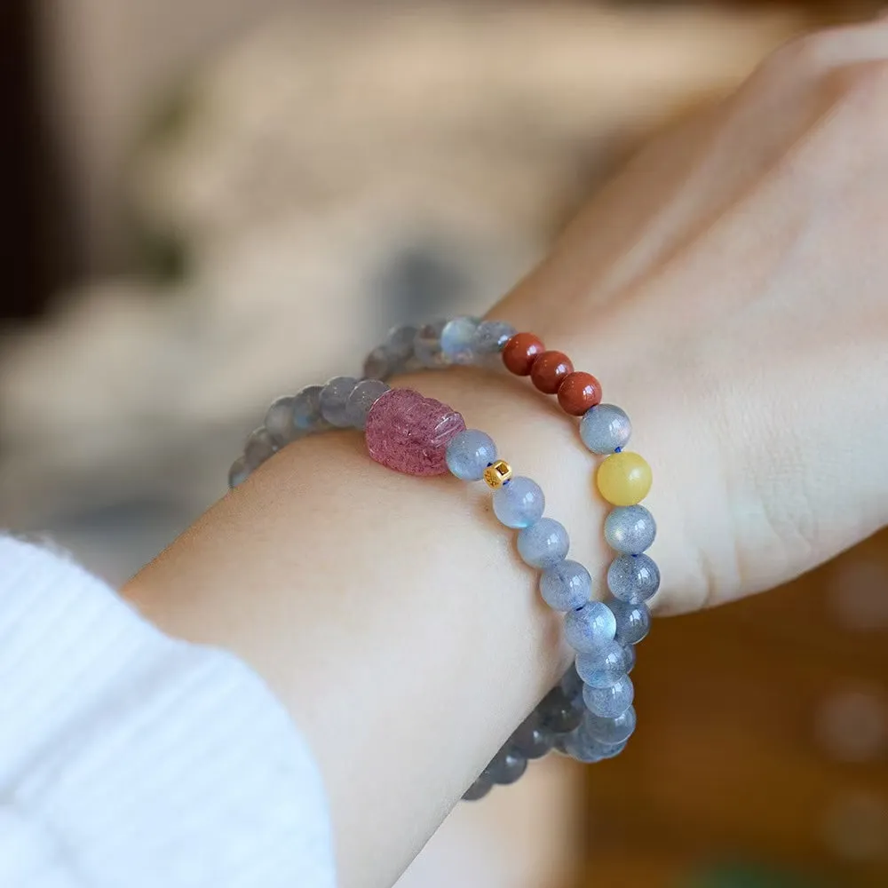 Strawberry Quartz Pixiu Moonstone Bracelet-Attract Luck