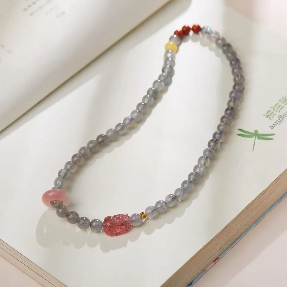 Strawberry Quartz Pixiu Moonstone Bracelet-Attract Luck
