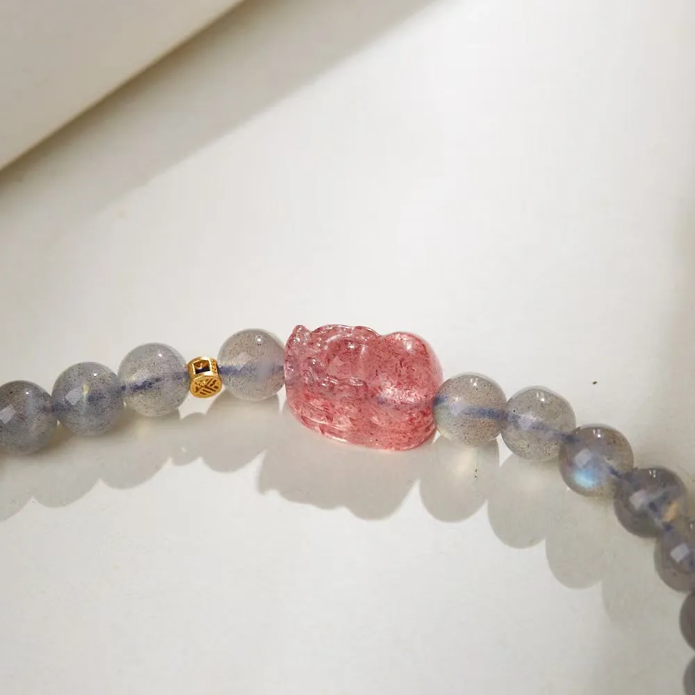 Strawberry Quartz Pixiu Moonstone Bracelet-Attract Luck