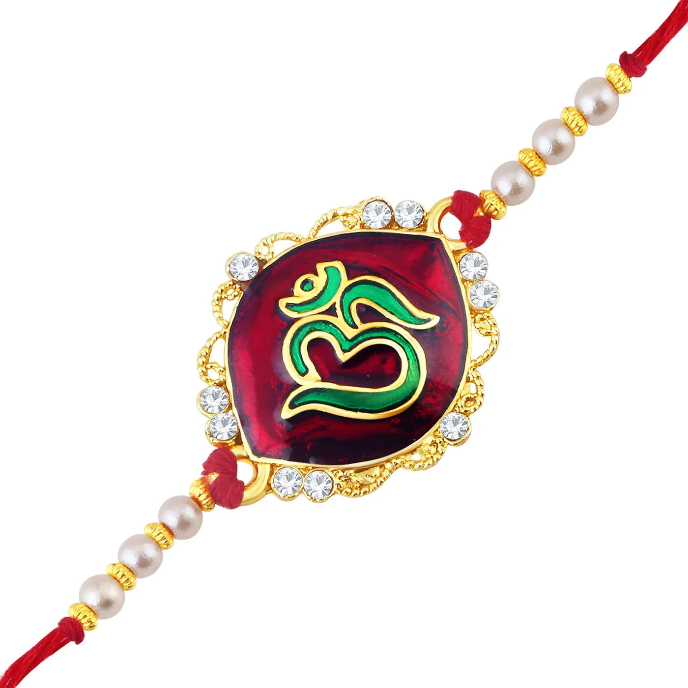 Sukkhi Resplendent Gold Plated Meenakari OM Designed Rakhi with Roli Chawal and Raksha Bandhan Greeting Card For Men