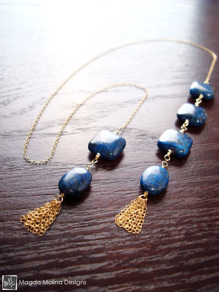 The Delicate Gold, Lapis Lazuli And Tassel Chain Lariat
