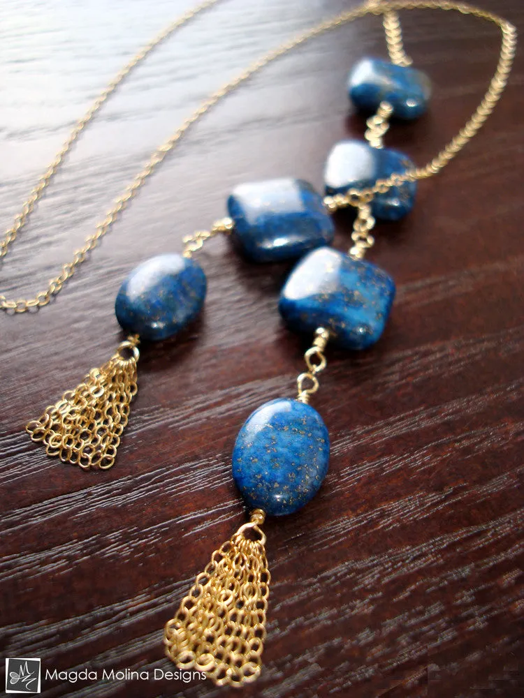 The Delicate Gold, Lapis Lazuli And Tassel Chain Lariat