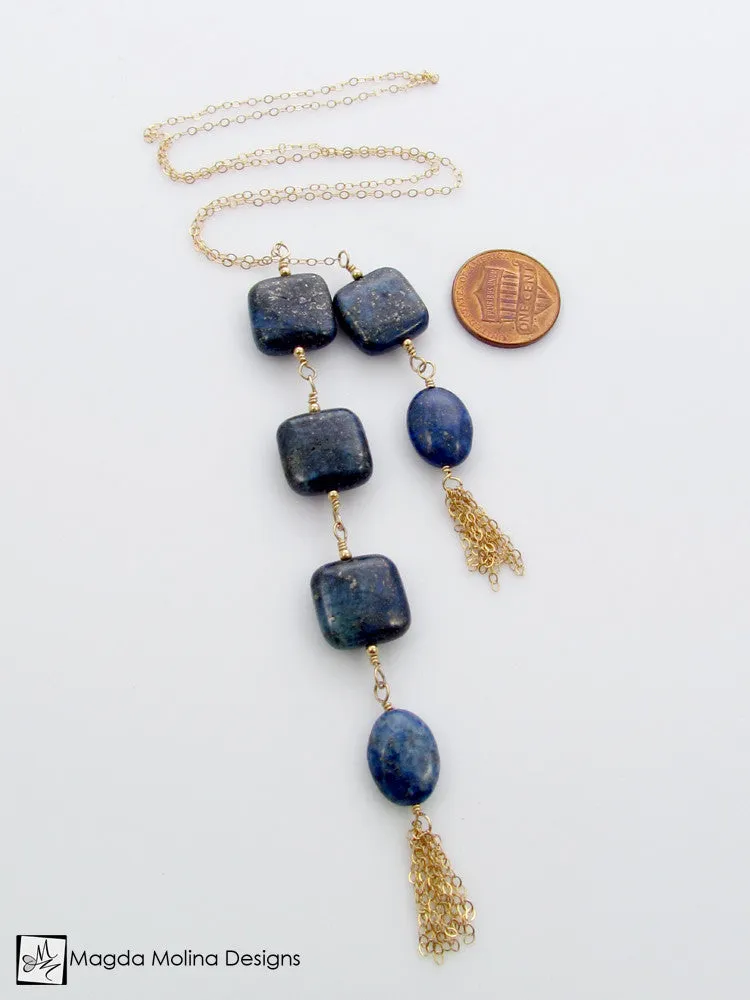 The Delicate Gold, Lapis Lazuli And Tassel Chain Lariat