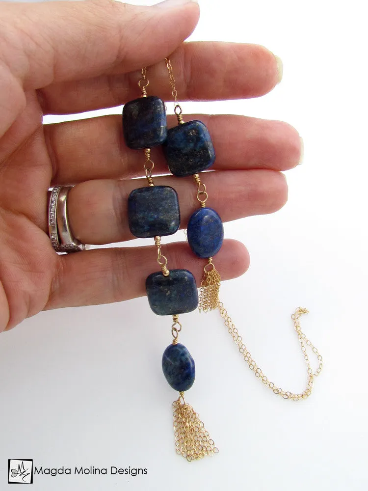 The Delicate Gold, Lapis Lazuli And Tassel Chain Lariat