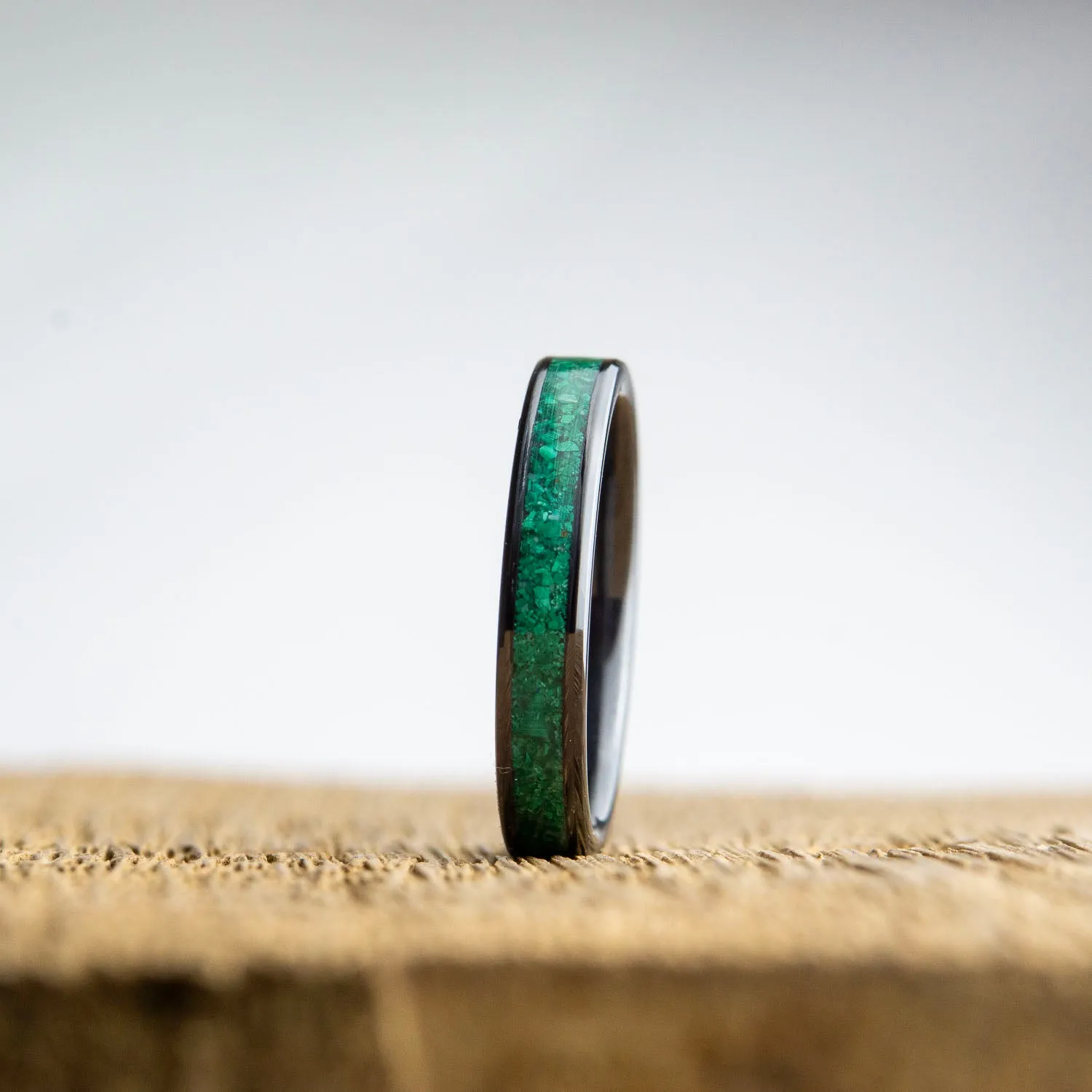 Womens black wedding band with Malachite inlay