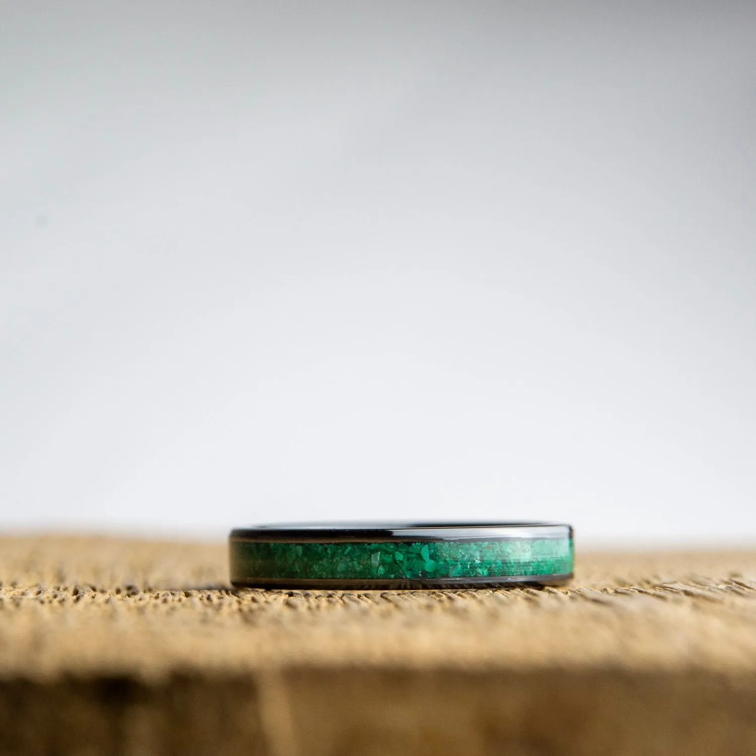 Womens black wedding band with Malachite inlay